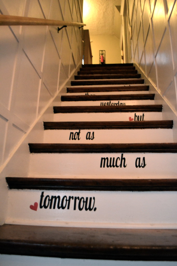 Song lyrics on a Valentine's staircase - NewlyWoodwards